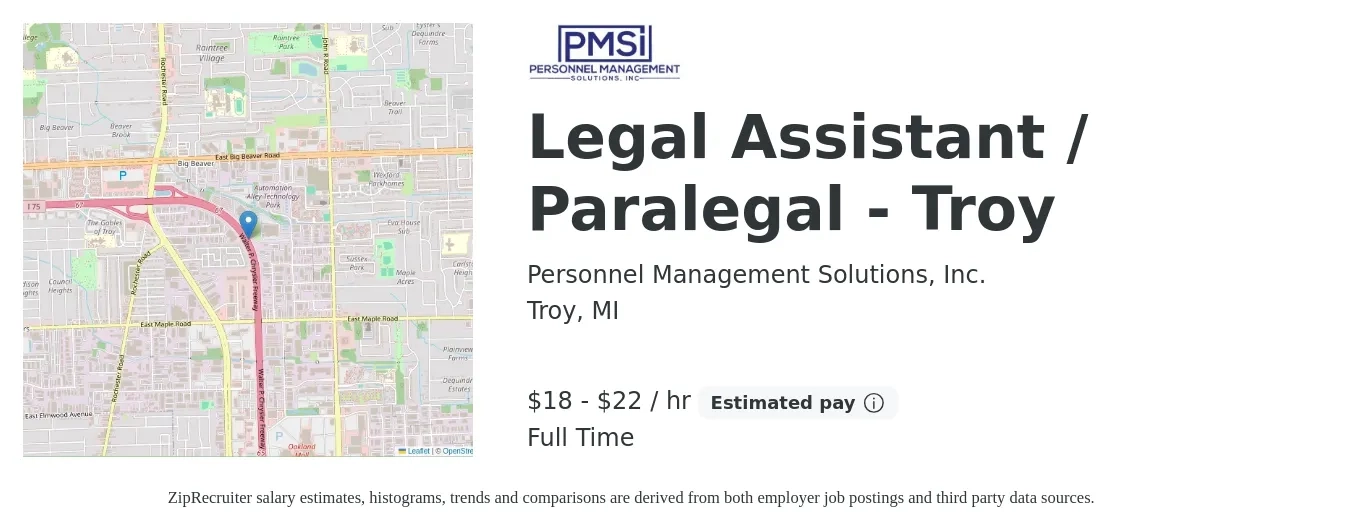 Personnel Management Solutions, Inc. job posting for a Legal Assistant / Paralegal - Troy in Troy, MI with a salary of $19 to $23 Hourly with a map of Troy location.