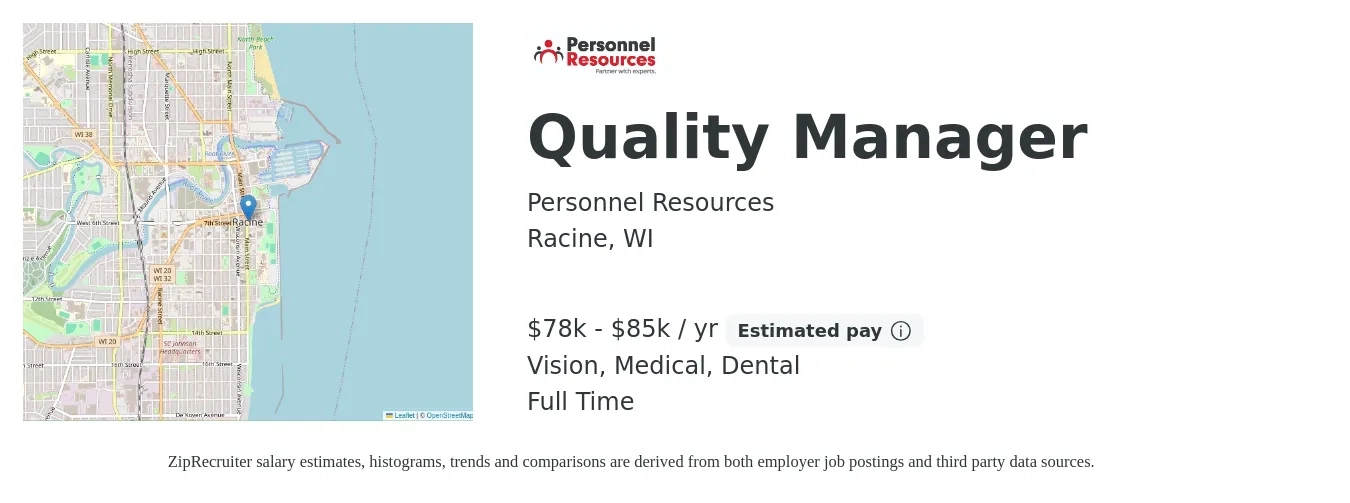 Personnel Resources job posting for a Quality Manager in Racine, WI with a salary of $78,000 to $85,000 Yearly and benefits including medical, pto, retirement, vision, dental, and life_insurance with a map of Racine location.