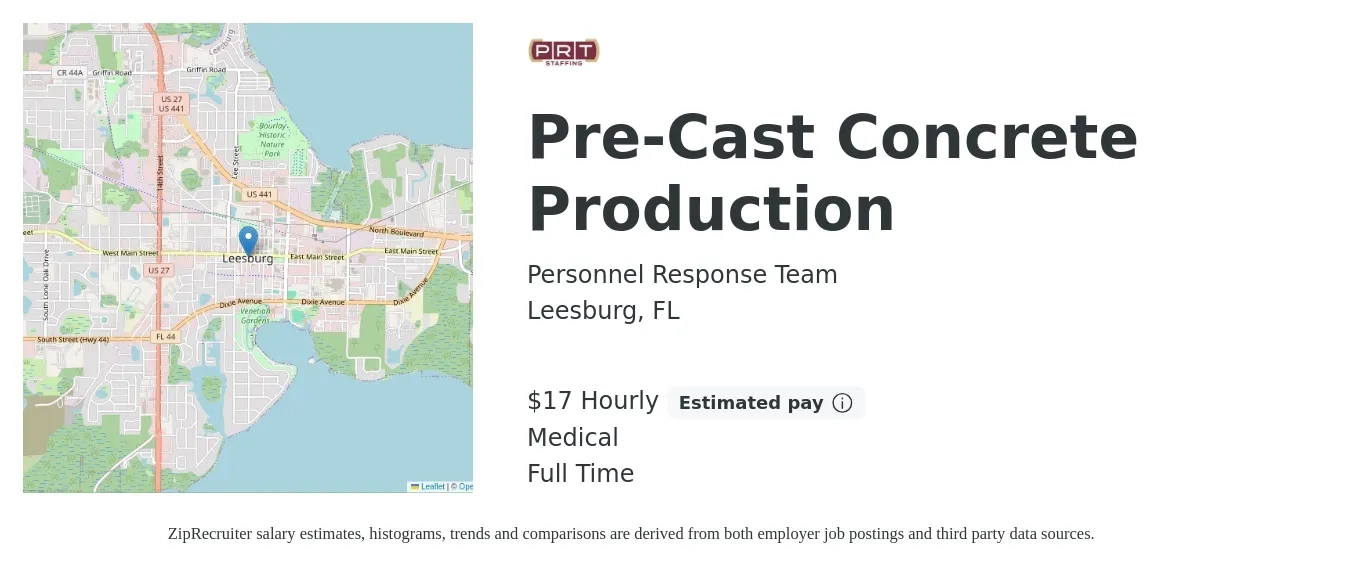 Personnel Response Team job posting for a Pre-Cast Concrete Production in Leesburg, FL with a salary of $18 Hourly and benefits including medical with a map of Leesburg location.