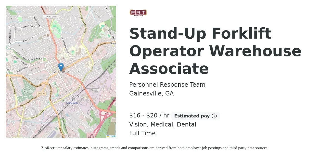 Personnel Response Team job posting for a Stand-Up Forklift Operator Warehouse Associate in Gainesville, GA with a salary of $17 to $21 Hourly and benefits including vision, dental, and medical with a map of Gainesville location.