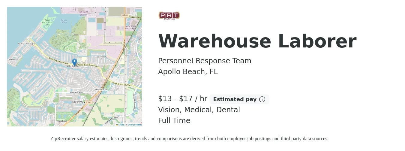 Personnel Response Team job posting for a Warehouse Laborer in Apollo Beach, FL with a salary of $14 to $16 Hourly and benefits including dental, medical, and vision with a map of Apollo Beach location.