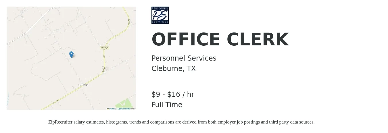 Personnel Services job posting for a OFFICE CLERK in Cleburne, TX with a salary of $10 to $17 Hourly with a map of Cleburne location.