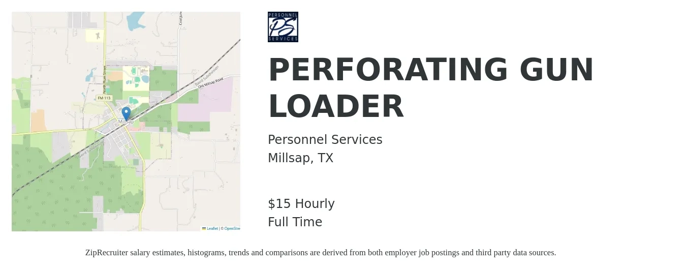 Personnel Services job posting for a PERFORATING GUN LOADER in Millsap, TX with a salary of $16 Hourly with a map of Millsap location.