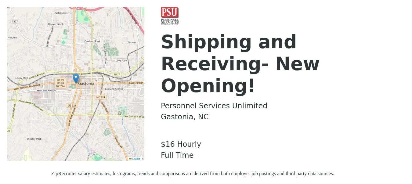 Personnel Services Unlimited job posting for a Shipping and Receiving- New Opening! in Gastonia, NC with a salary of $17 to $17 Hourly with a map of Gastonia location.