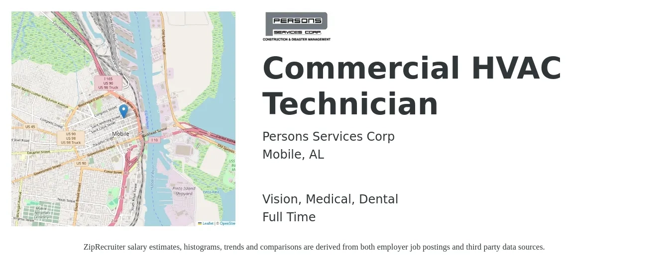 Persons Services Corp job posting for a Commercial HVAC Technician in Mobile, AL with a salary of $28 to $36 Hourly and benefits including dental, life_insurance, medical, pto, retirement, and vision with a map of Mobile location.