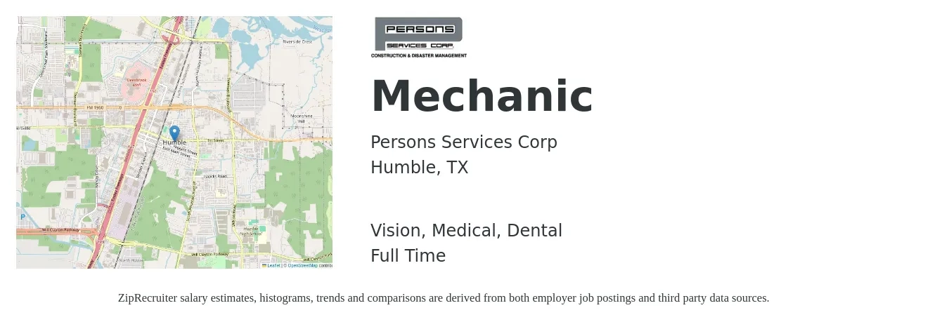 Persons Services Corp job posting for a Mechanic in Humble, TX with a salary of $17 to $26 Hourly and benefits including vision, dental, life_insurance, medical, pto, and retirement with a map of Humble location.