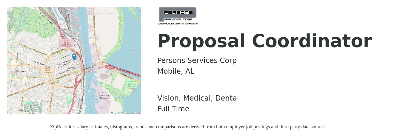 Persons Services Corp job posting for a Proposal Coordinator in Mobile, AL with a salary of $46,700 to $62,000 Yearly and benefits including dental, life_insurance, medical, pto, retirement, and vision with a map of Mobile location.