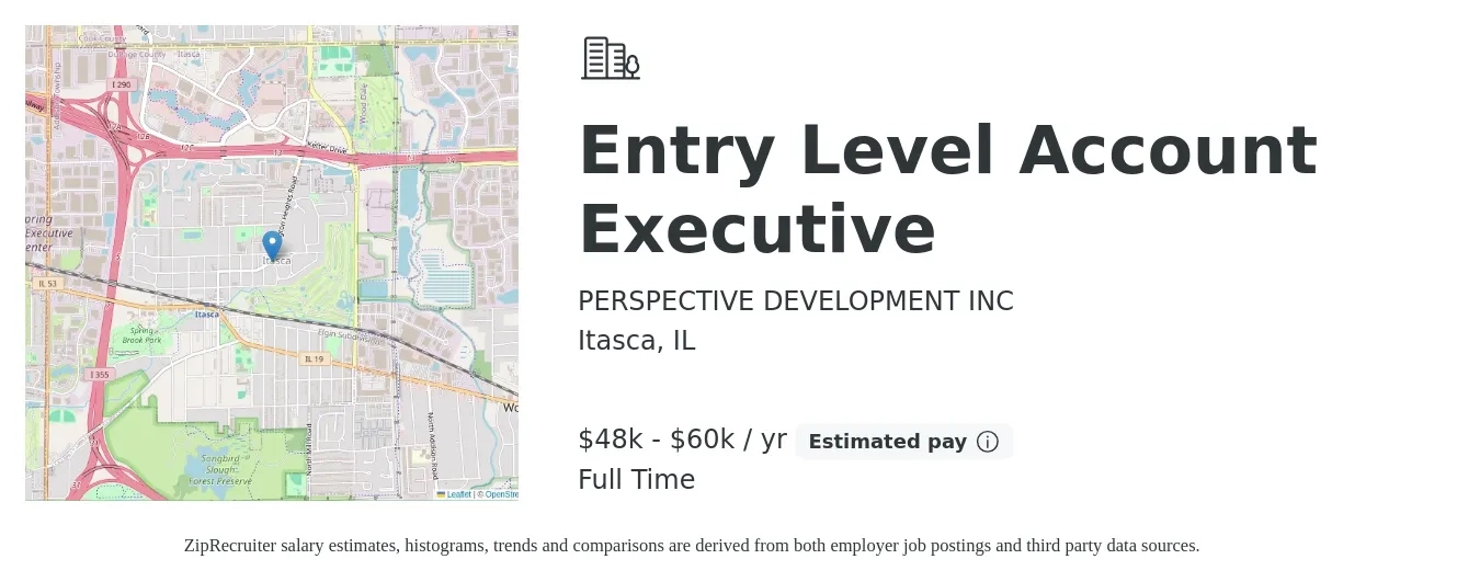 PERSPECTIVE DEVELOPMENT INC job posting for a Entry Level Account Executive in Itasca, IL with a salary of $48,000 to $60,000 Yearly with a map of Itasca location.