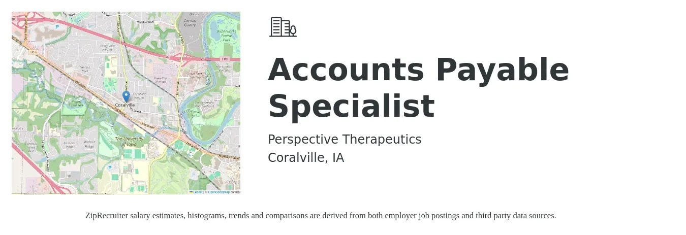 Perspective Therapeutics job posting for a Accounts Payable Specialist in Coralville, IA with a salary of $21 to $26 Hourly with a map of Coralville location.