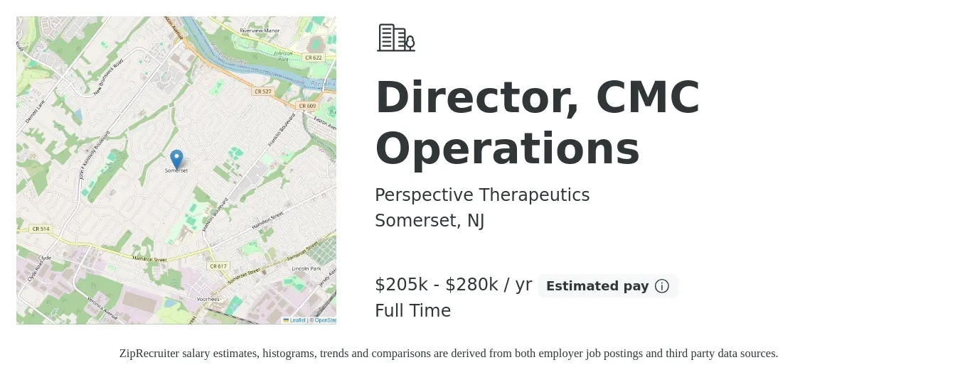 Perspective Therapeutics job posting for a Director, CMC Operations in Somerset, NJ with a salary of $205,000 to $280,000 Yearly with a map of Somerset location.