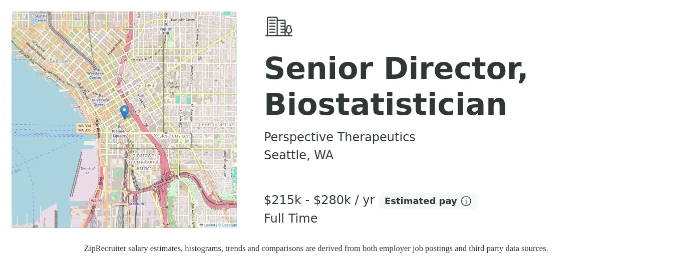 Perspective Therapeutics job posting for a Senior Director, Biostatistician in Seattle, WA with a salary of $215,000 to $280,000 Yearly with a map of Seattle location.