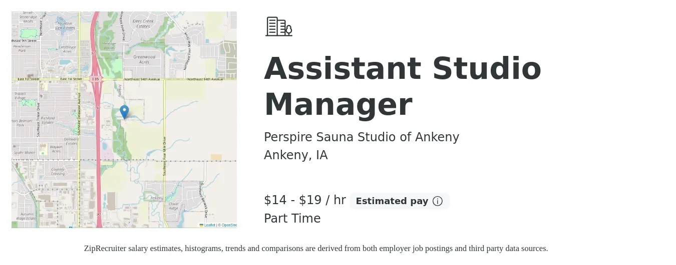 Perspire Sauna Studio of Ankeny job posting for a Assistant Studio Manager in Ankeny, IA with a salary of $15 to $20 Hourly with a map of Ankeny location.