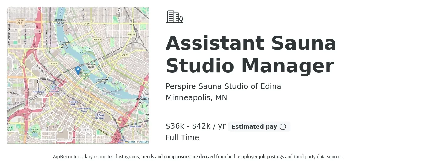 Perspire Sauna Studio of Edina job posting for a Assistant Sauna Studio Manager in Minneapolis, MN with a salary of $36,000 to $42,000 Yearly with a map of Minneapolis location.