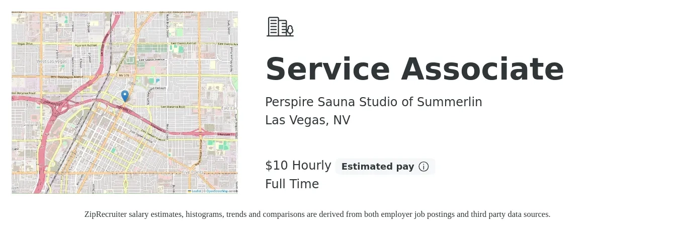 Perspire Sauna Studio of Summerlin job posting for a Service Associate in Las Vegas, NV with a salary of $11 Hourly with a map of Las Vegas location.
