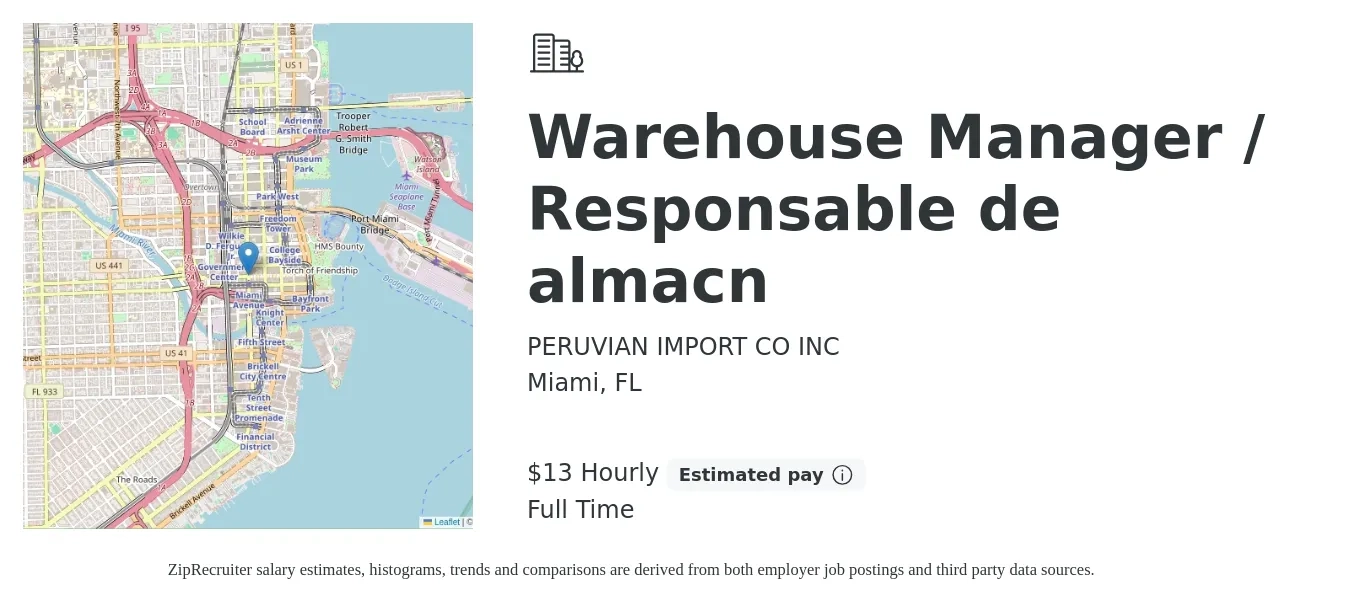 PERUVIAN IMPORT CO INC job posting for a Warehouse Manager / Responsable de almacn in Miami, FL with a salary of $14 Hourly with a map of Miami location.