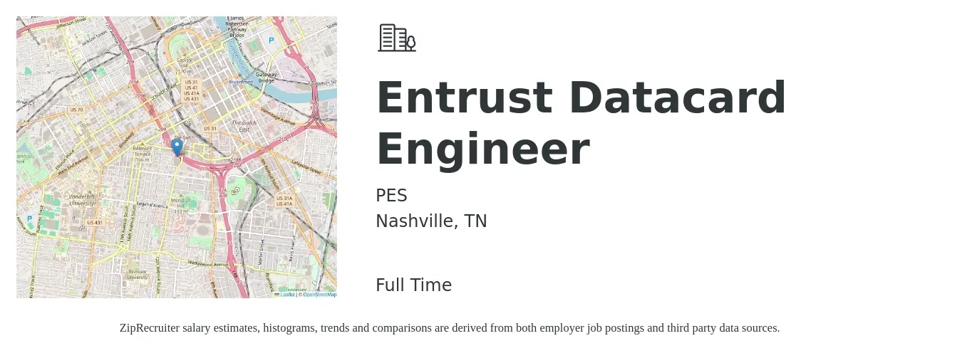 PES job posting for a Entrust Datacard Engineer in Nashville, TN with a salary of $94,700 to $151,700 Yearly with a map of Nashville location.