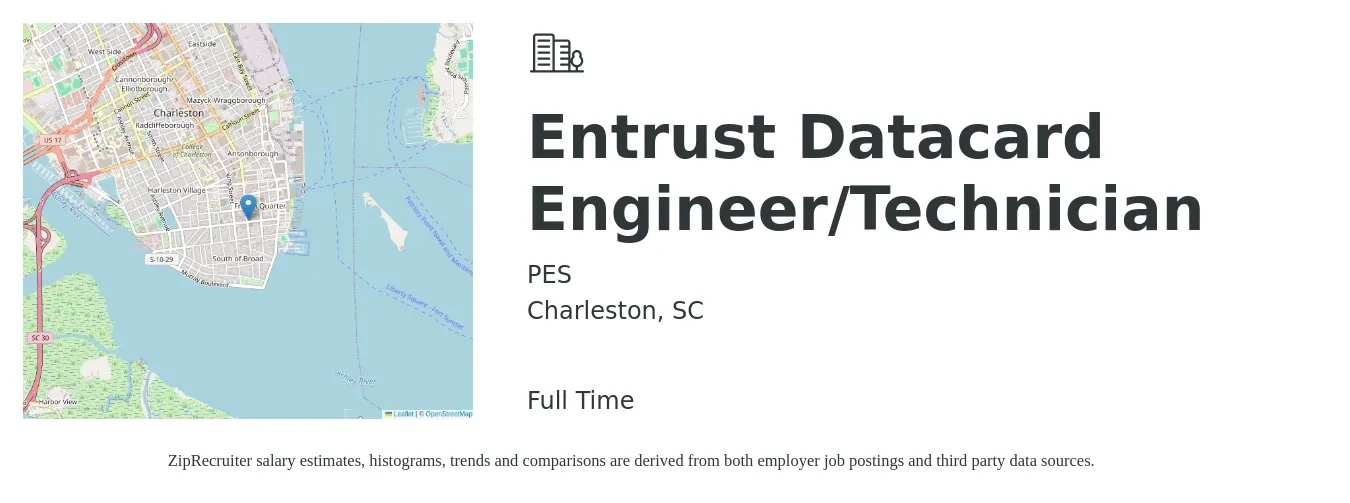 PES job posting for a Entrust Datacard Engineer/Technician in Charleston, SC with a salary of $24 to $38 Hourly with a map of Charleston location.