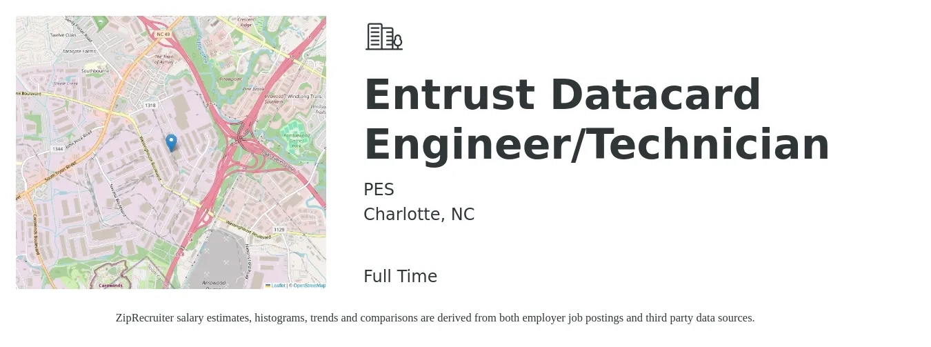 PES job posting for a Entrust Datacard Engineer/Technician in Charlotte, NC with a salary of $26 to $39 Hourly with a map of Charlotte location.