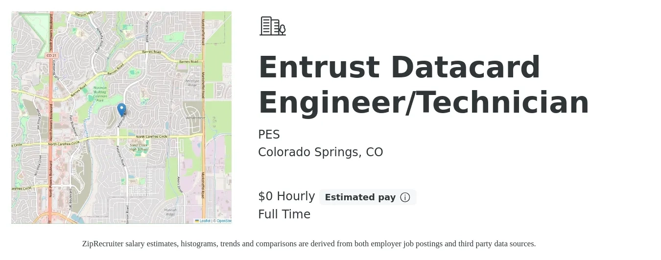 PES job posting for a Entrust Datacard Engineer/Technician in Colorado Springs, CO with a salary of $1 Hourly with a map of Colorado Springs location.