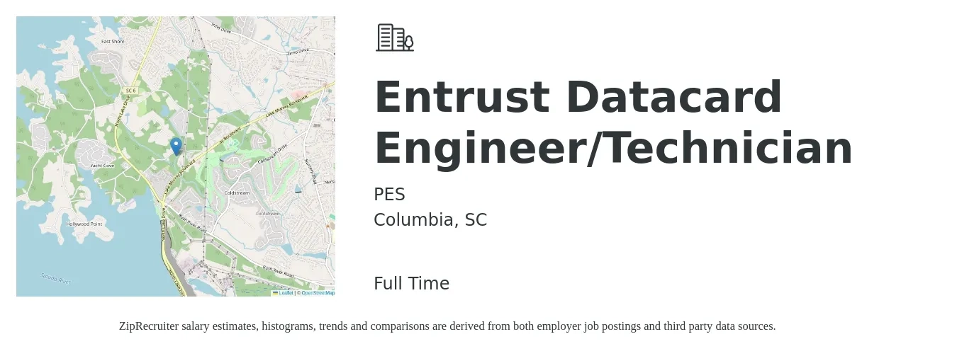 PES job posting for a Entrust Datacard Engineer/Technician in Columbia, SC with a salary of $24 to $37 Hourly with a map of Columbia location.