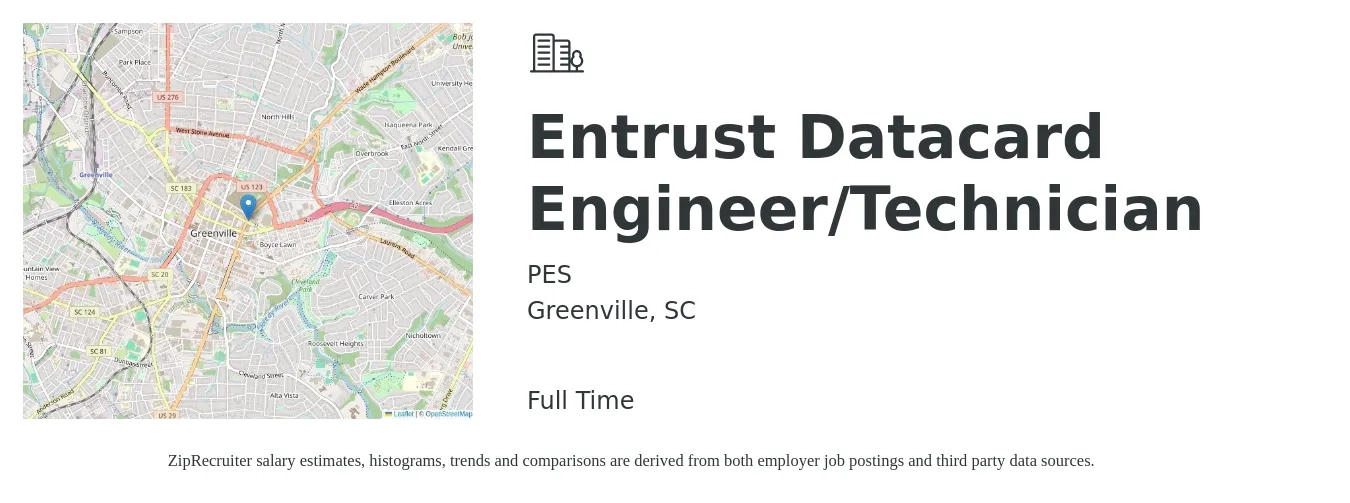 PES job posting for a Entrust Datacard Engineer/Technician in Greenville, SC with a salary of $25 to $38 Hourly with a map of Greenville location.