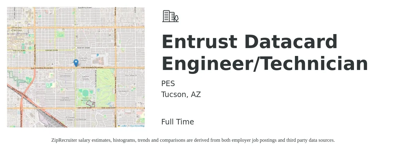 PES job posting for a Entrust Datacard Engineer/Technician in Tucson, AZ with a salary of $24 to $36 Hourly with a map of Tucson location.