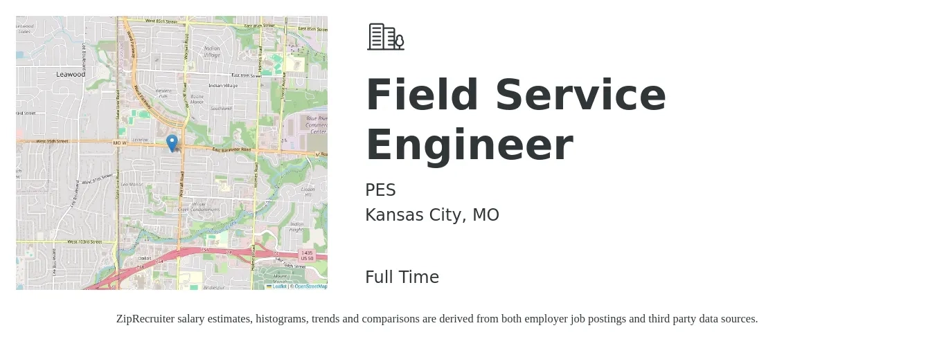 PES job posting for a Field Service Engineer in Kansas City, MO with a salary of $55,600 to $82,400 Yearly with a map of Kansas City location.