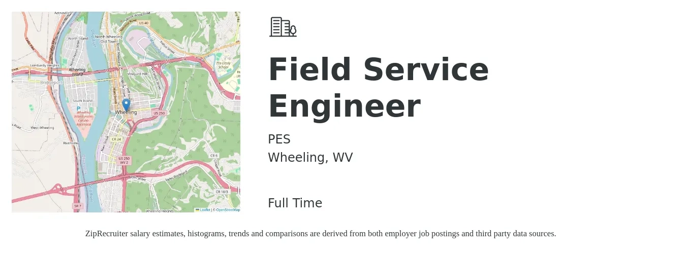 PES job posting for a Field Service Engineer in Wheeling, WV with a salary of $56,800 to $84,200 Yearly with a map of Wheeling location.
