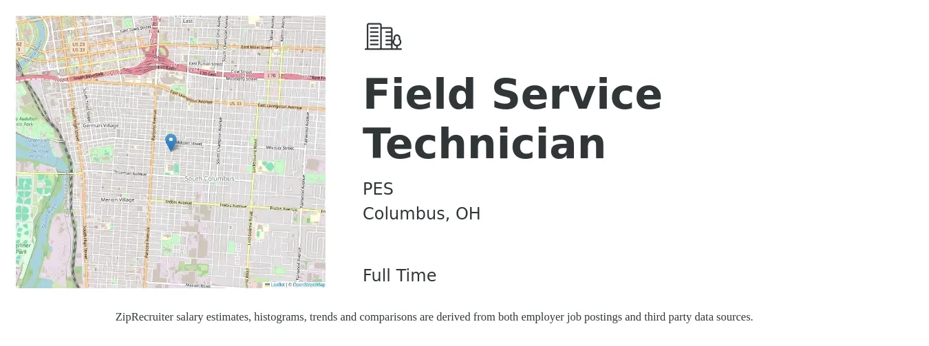 PES job posting for a Field Service Technician in Columbus, OH with a salary of $19 to $29 Hourly with a map of Columbus location.