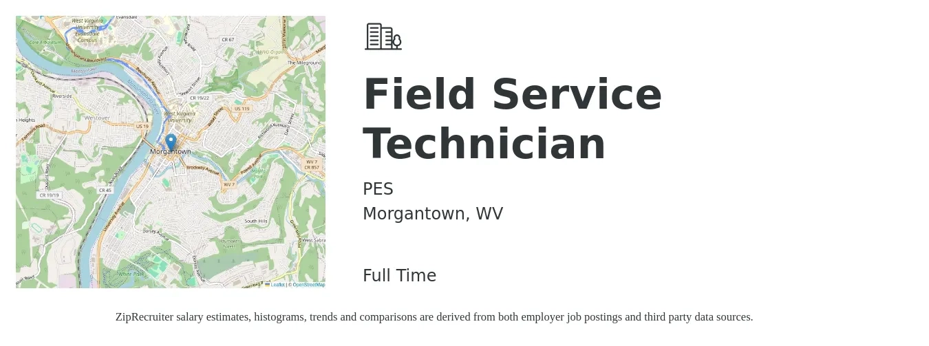PES job posting for a Field Service Technician in Morgantown, WV with a salary of $20 to $30 Hourly with a map of Morgantown location.