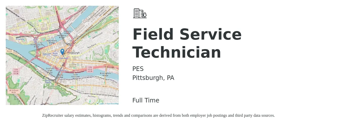 PES job posting for a Field Service Technician in Pittsburgh, PA with a salary of $20 to $29 Hourly with a map of Pittsburgh location.