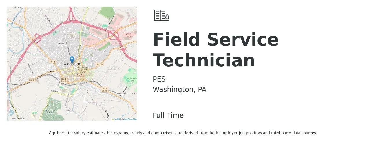 PES job posting for a Field Service Technician in Washington, PA with a salary of $18 to $28 Hourly with a map of Washington location.