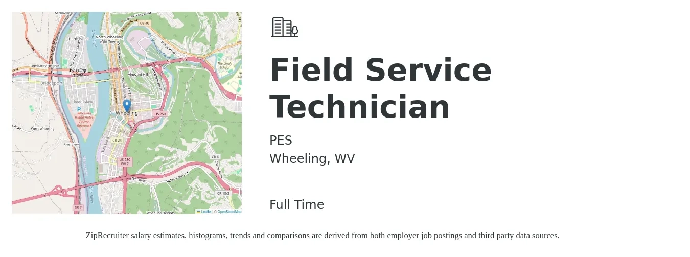 PES job posting for a Field Service Technician in Wheeling, WV with a salary of $20 to $30 Hourly with a map of Wheeling location.