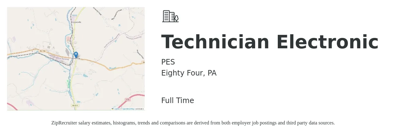 PES job posting for a Technician Electronic in Eighty Four, PA with a salary of $43,200 to $65,700 Yearly with a map of Eighty Four location.