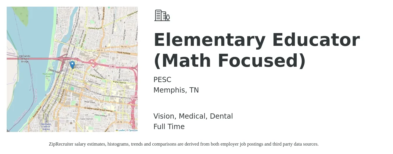 PESC job posting for a Elementary Educator (Math Focused) in Memphis, TN with a salary of $45,700 to $59,700 Yearly and benefits including dental, life_insurance, medical, pto, retirement, and vision with a map of Memphis location.