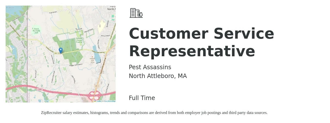 Pest Assassins job posting for a Customer Service Representative in North Attleboro, MA with a salary of $18 to $19 Hourly with a map of North Attleboro location.