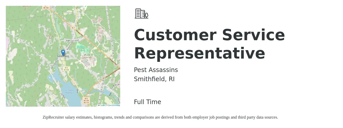 Pest Assassins job posting for a Customer Service Representative in Smithfield, RI with a salary of $18 to $19 Hourly with a map of Smithfield location.