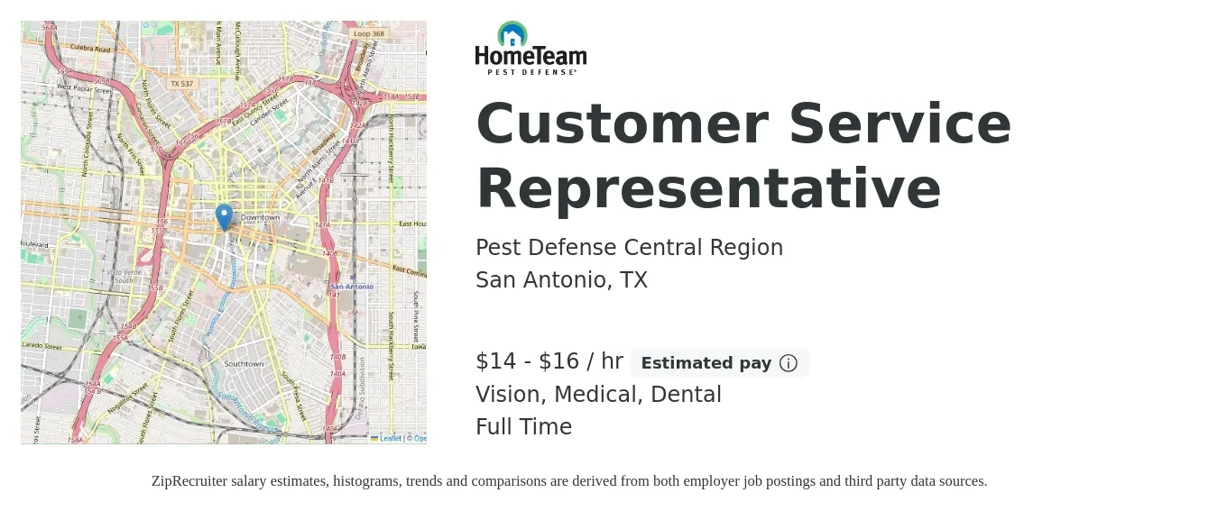 Pest Defense Central Region job posting for a Customer Service Representative in San Antonio, TX with a salary of $15 to $17 Hourly and benefits including dental, life_insurance, medical, pto, retirement, and vision with a map of San Antonio location.