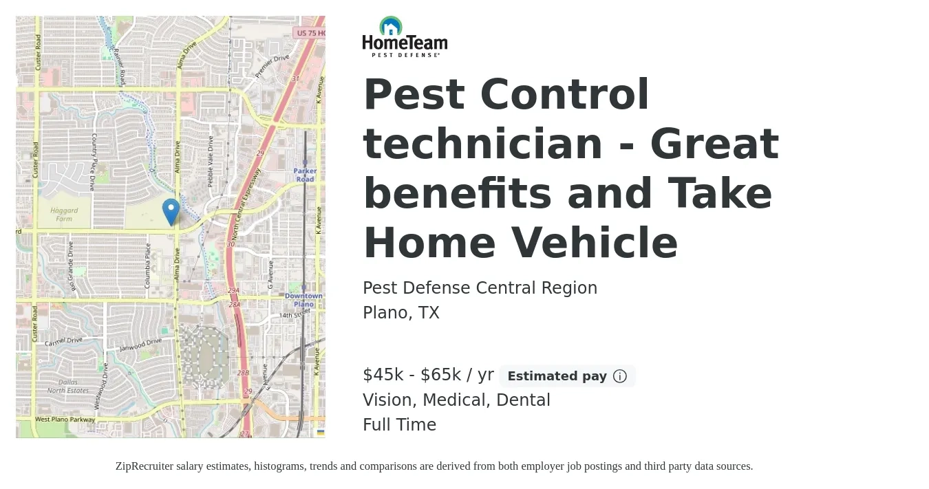 Pest Defense Central Region job posting for a Pest Control technician - Great benefits and Take Home Vehicle in Plano, TX with a salary of $45,000 to $65,000 Yearly and benefits including vision, dental, life_insurance, medical, and retirement with a map of Plano location.