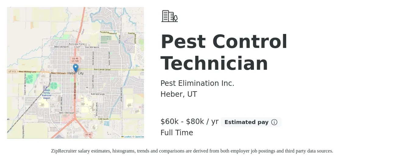 Pest Elimination Inc. job posting for a Pest Control Technician in Heber, UT with a salary of $60,000 to $80,000 Yearly with a map of Heber location.