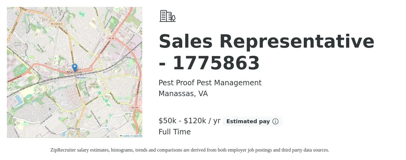 Pest Proof Pest Management job posting for a Sales Representative - 1775863 in Manassas, VA with a salary of $50,000 to $120,000 Yearly with a map of Manassas location.