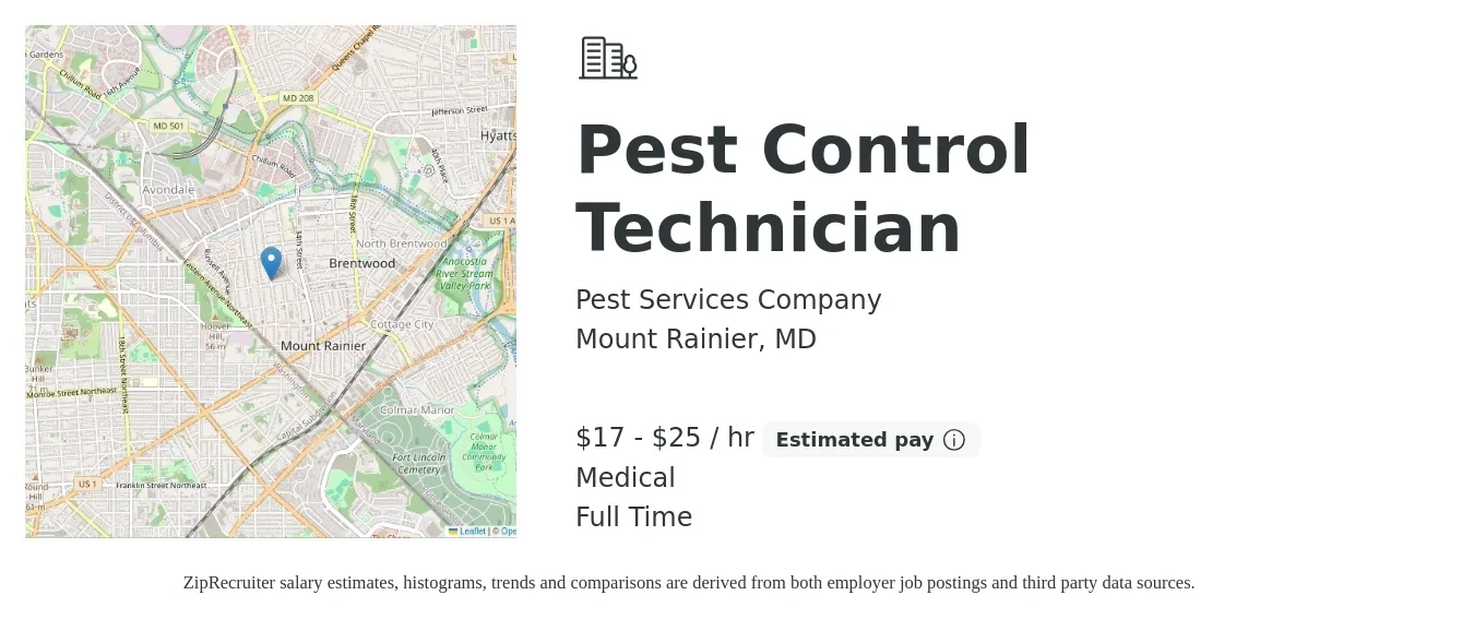 Pest Services Company job posting for a Pest Control Technician in Mount Rainier, MD with a salary of $18 to $27 Hourly (plus commission) and benefits including retirement, medical, and pto with a map of Mount Rainier location.