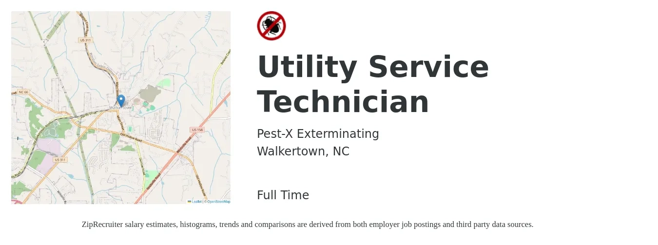 Pest-X Exterminating job posting for a Utility Service Technician in Walkertown, NC with a salary of $3,000 to $4,800 Monthly with a map of Walkertown location.