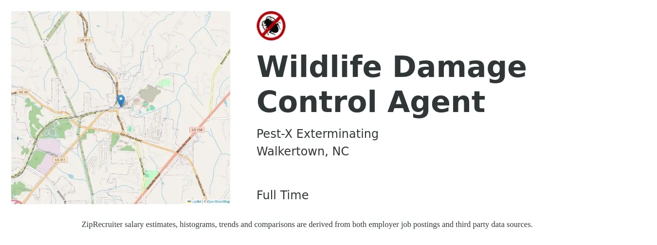 Pest-X Exterminating job posting for a Wildlife Damage Control Agent in Walkertown, NC with a salary of $48,000 to $60,000 Yearly with a map of Walkertown location.
