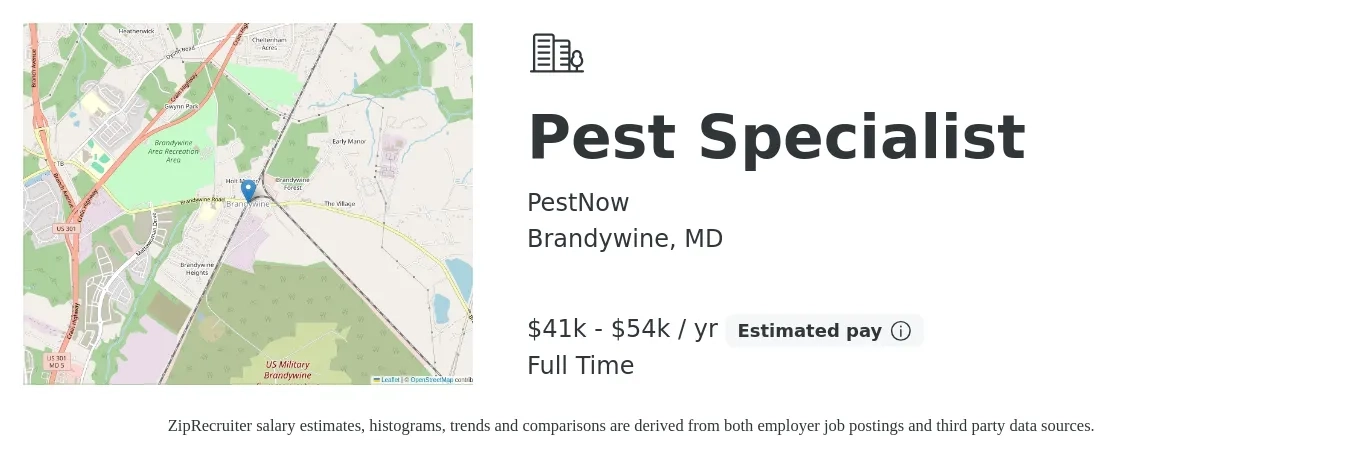 PestNow job posting for a Pest Specialist in Brandywine, MD with a salary of $41,000 to $54,000 Yearly with a map of Brandywine location.