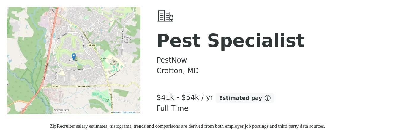 PestNow job posting for a Pest Specialist in Crofton, MD with a salary of $41,000 to $54,000 Yearly with a map of Crofton location.