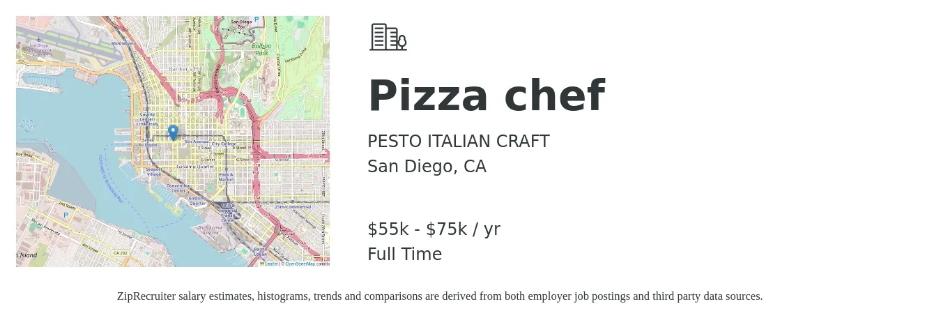 PESTO ITALIAN CRAFT job posting for a Pizza chef in San Diego, CA with a salary of $55,000 to $75,000 Yearly with a map of San Diego location.