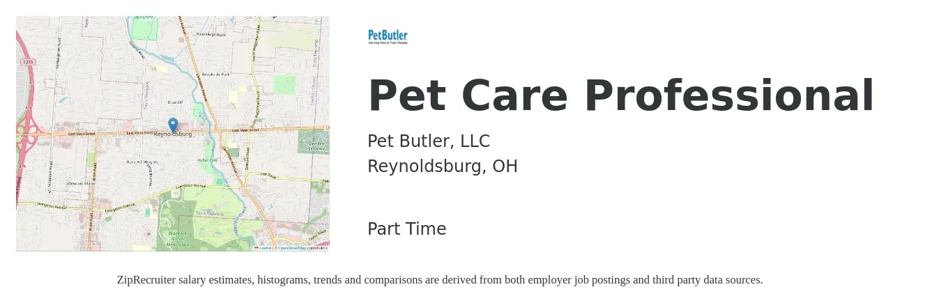 Pet Butler, LLC job posting for a Pet Care Professional in Reynoldsburg, OH with a salary of $13 to $18 Hourly with a map of Reynoldsburg location.
