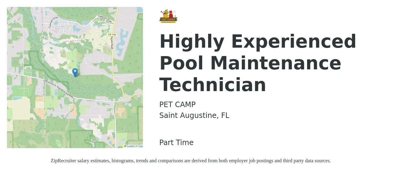 PET CAMP job posting for a Highly Experienced Pool Maintenance Technician in Saint Augustine, FL with a salary of $14 to $19 Hourly with a map of Saint Augustine location.