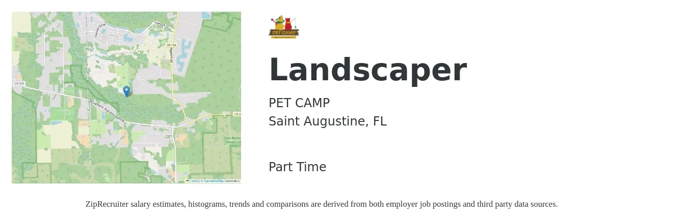 PET CAMP job posting for a Landscaper in Saint Augustine, FL with a salary of $14 to $18 Hourly with a map of Saint Augustine location.